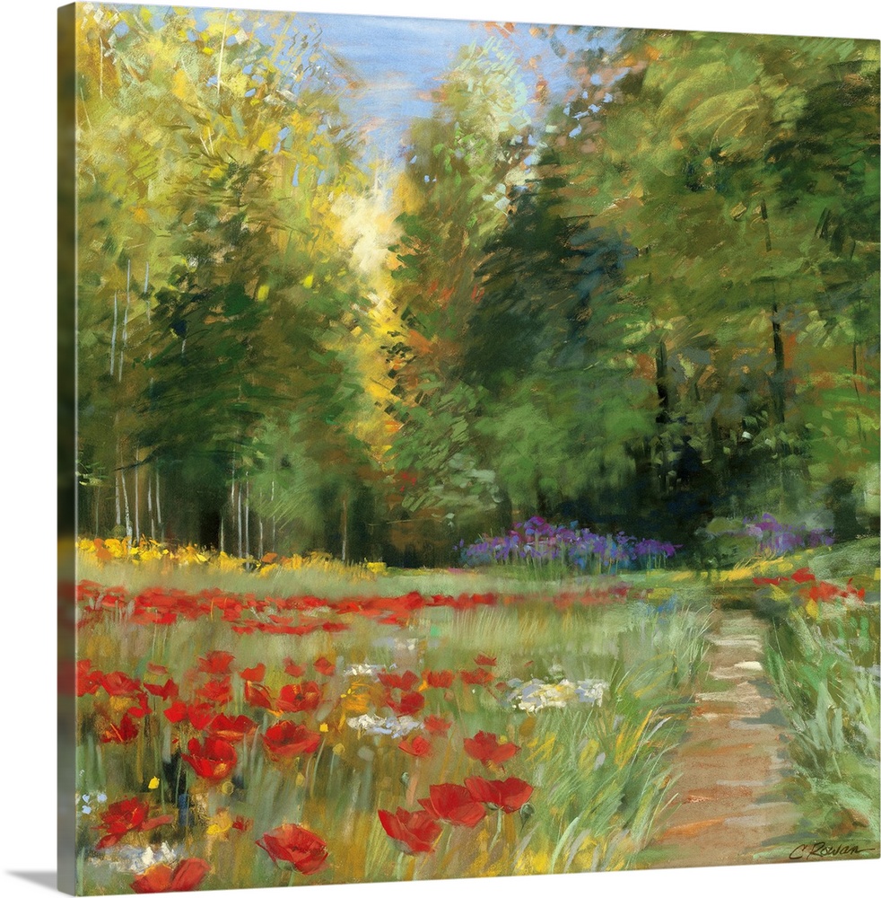 Classical painting of narrow dirt path winding through flower meadow with forest in the distance.