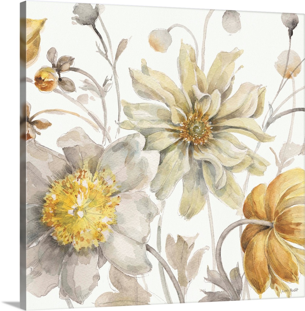 Decorative artwork of group of flowers in muted tones of gold, yellow and gray.