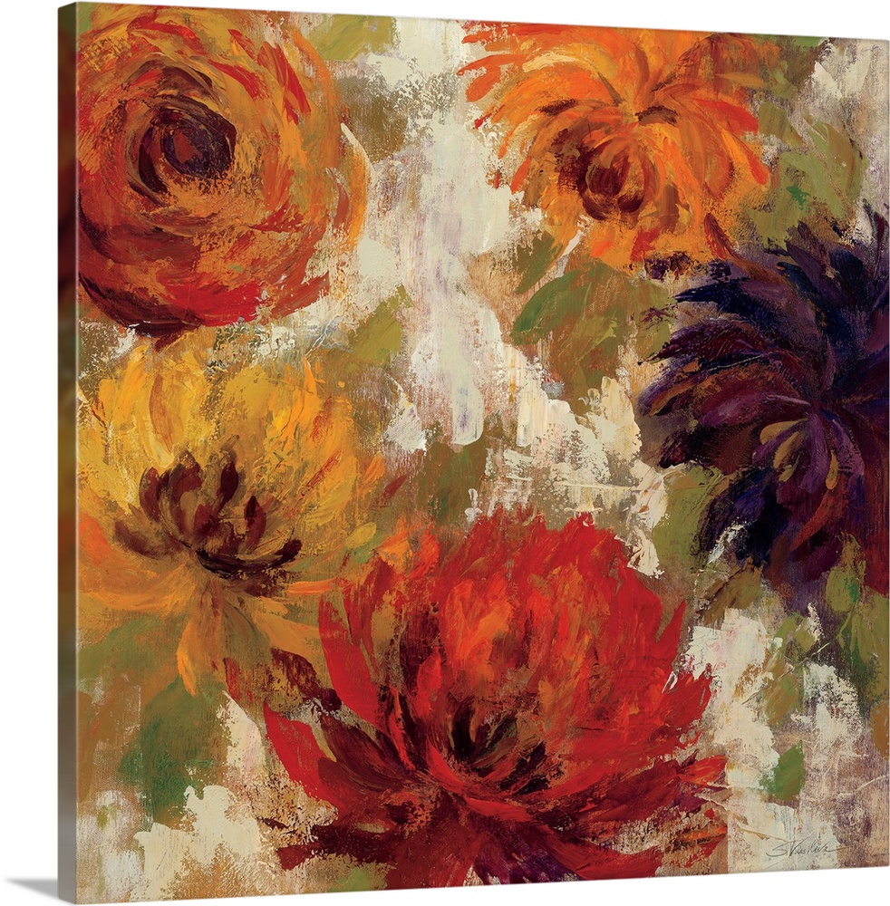 Contemporary artwork of different colored flowers close-up in the frame of the image.