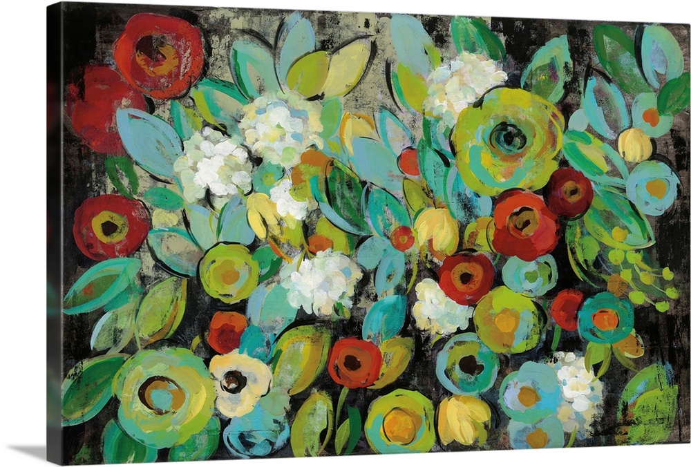 Contemporary floral abstract painting with bright colored flowers on a dark black background.