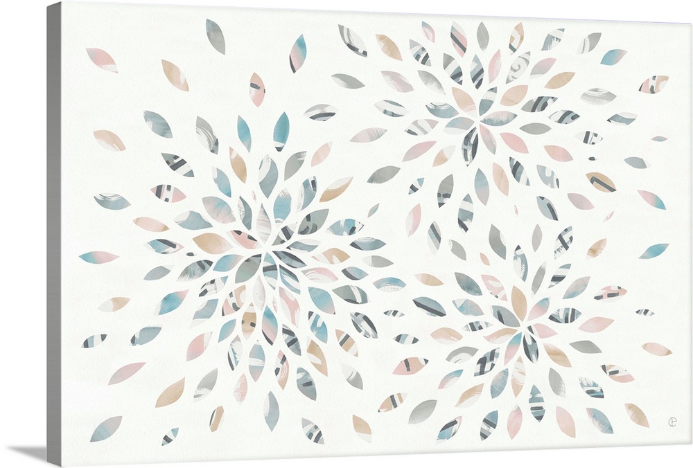 Watercolor painting with oblong shaped pieces creating a starburst firework design.