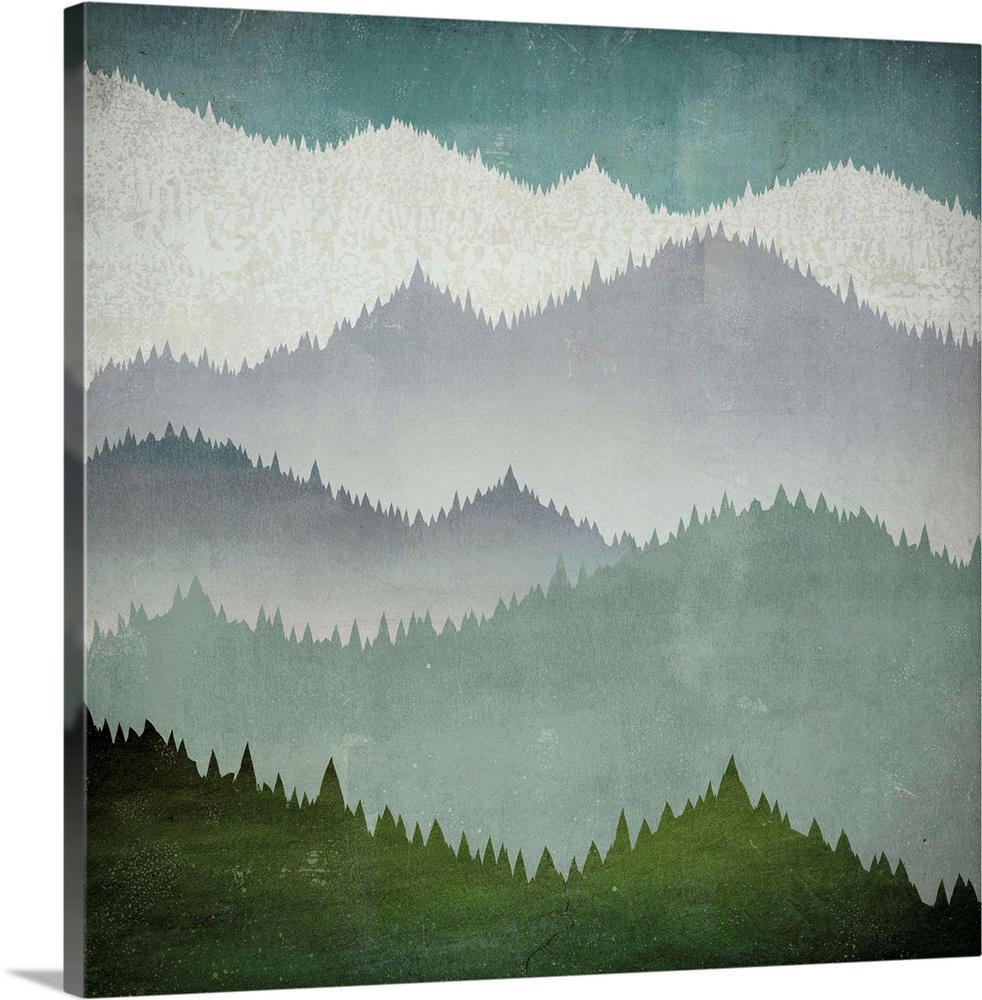 Contemporary artwork of mountains covered in dense forest in cool tones.