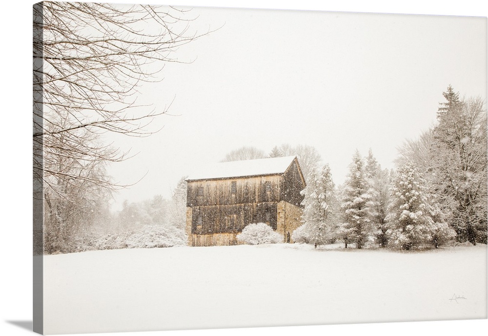 Photograph of snowing falling on a weather barn near a group of trees.