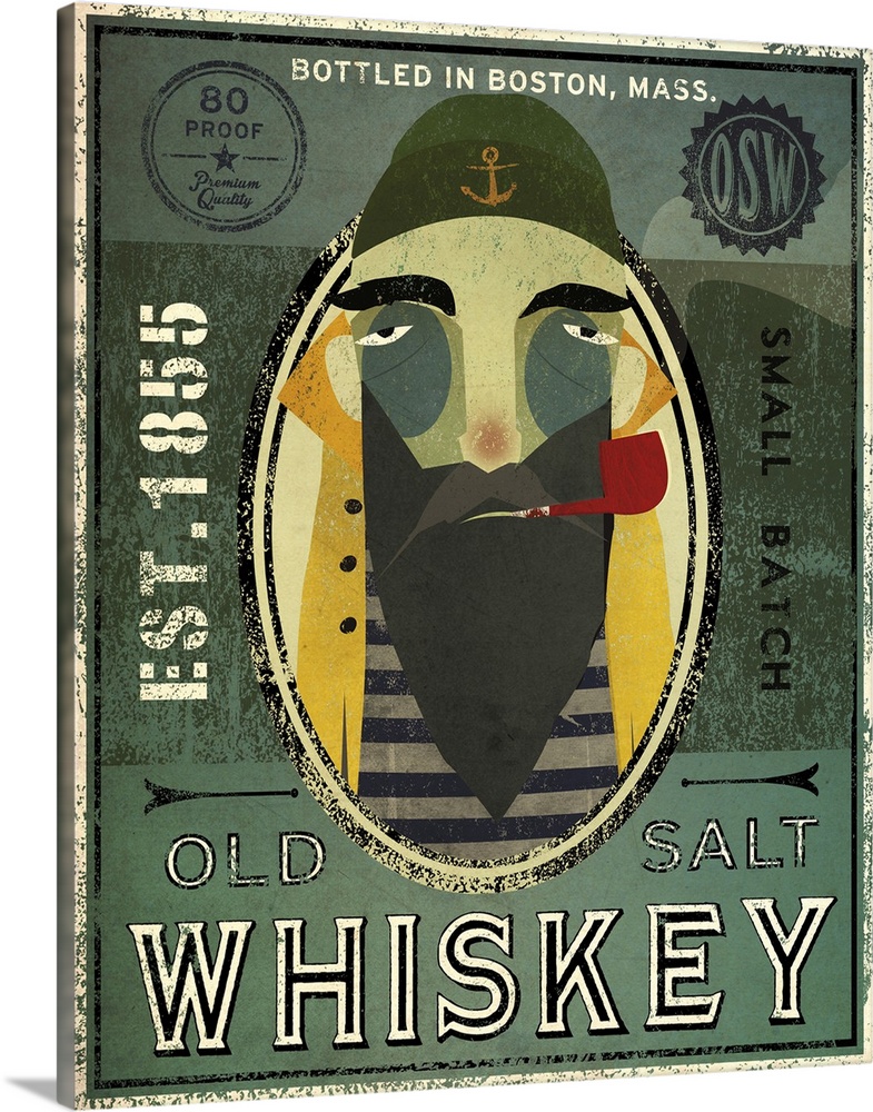 Contemporary artwork of an illustrative fisherman's whisky advertisement.
