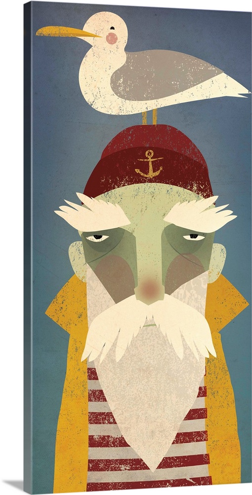 Artwork of a sailor with a white beard and a seagull on his head.