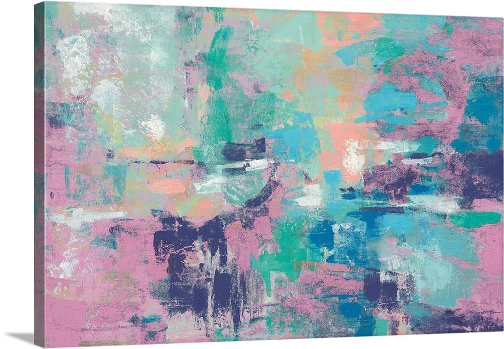 Large abstract painting with colorful layers on brushstrokes in shades of pink, green, blue, yellow, and white.