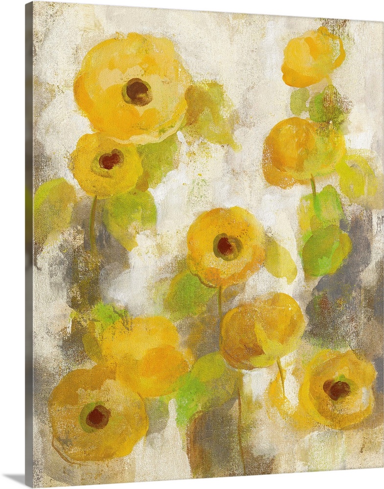 Contemporary painting of flowers in a muted yellow against a beige background.
