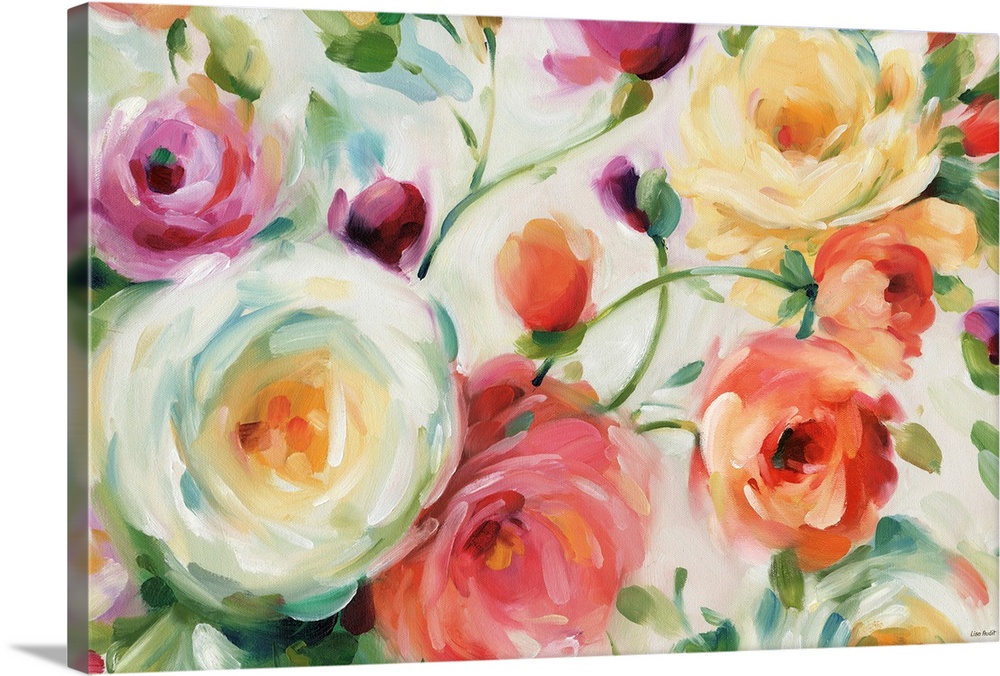 Horizontal contemporary painting of large flower blooms in bold brush strokes.