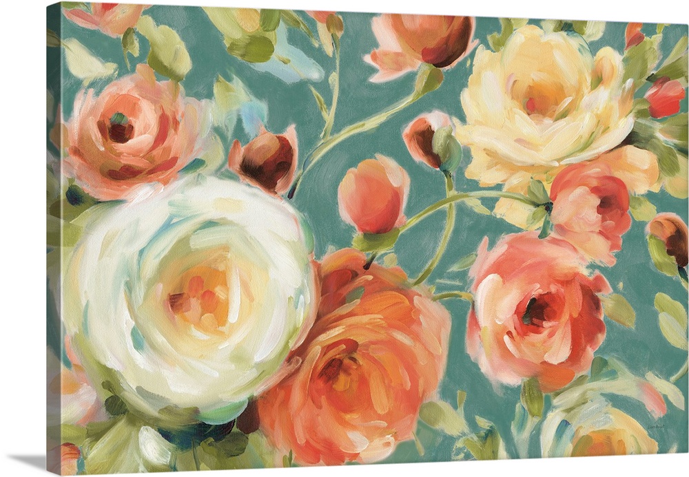 A contemporary painting of large rose blooms in white, orange and pink on a blue background.