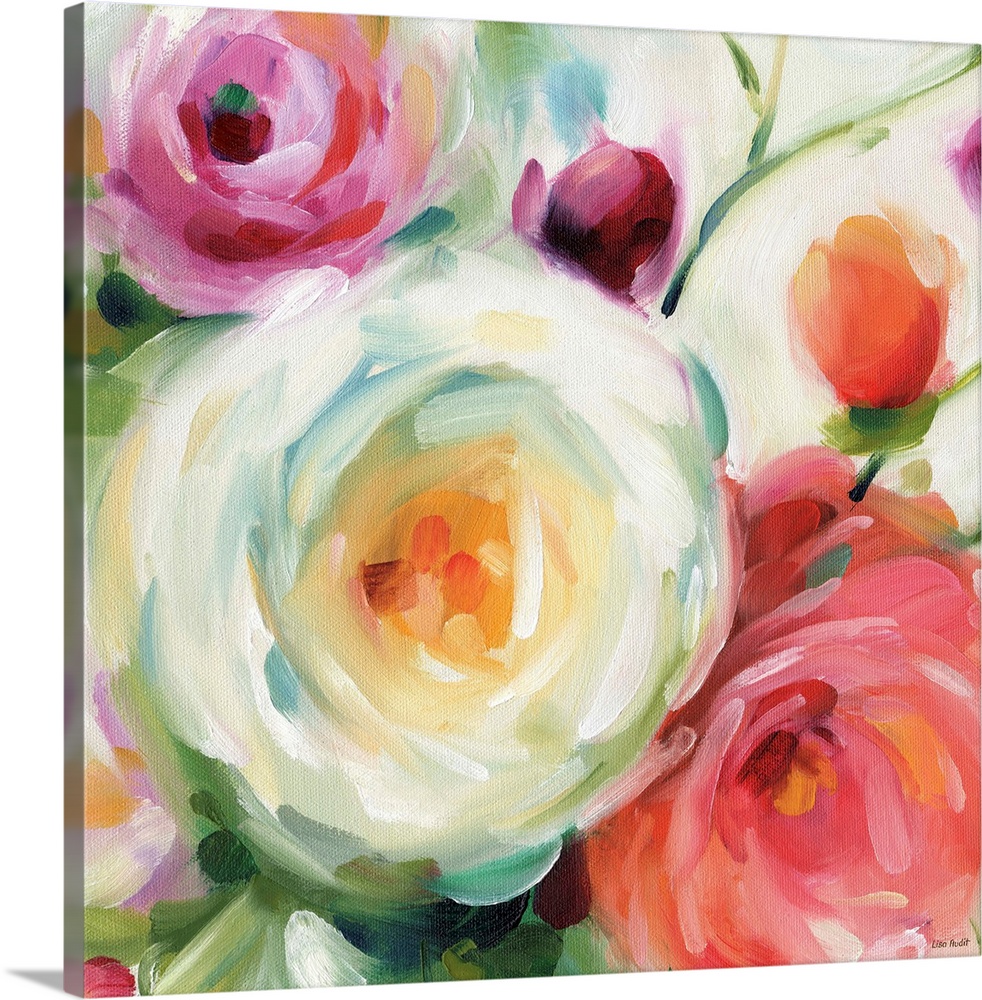 Square contemporary painting of large flower blooms in bold brush strokes.