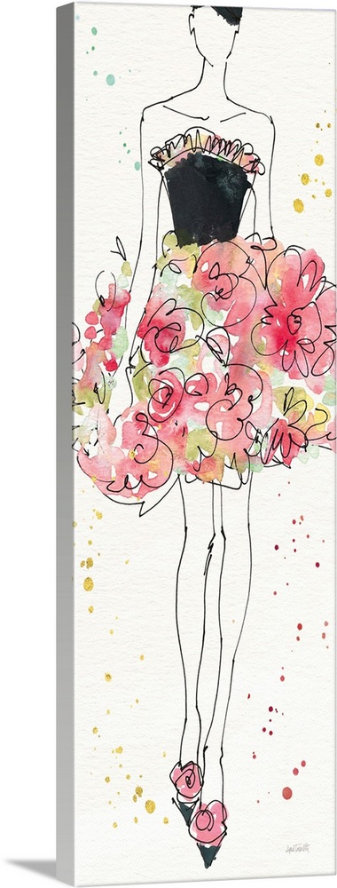Watercolor painting of a woman wearing a black strapless dress with a floral bottom.