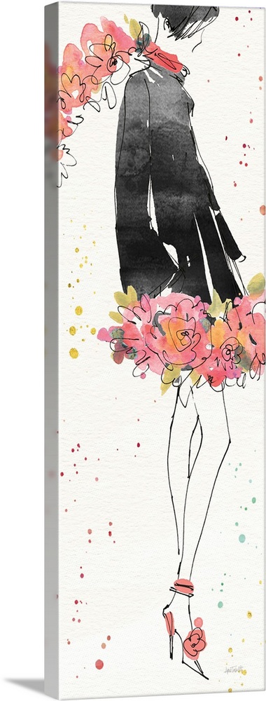 Watercolor painting of a woman in a black coat with a floral scarf and skirt.