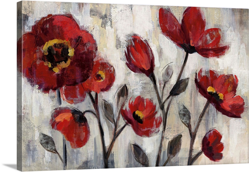 Painting of red poppies on grey.