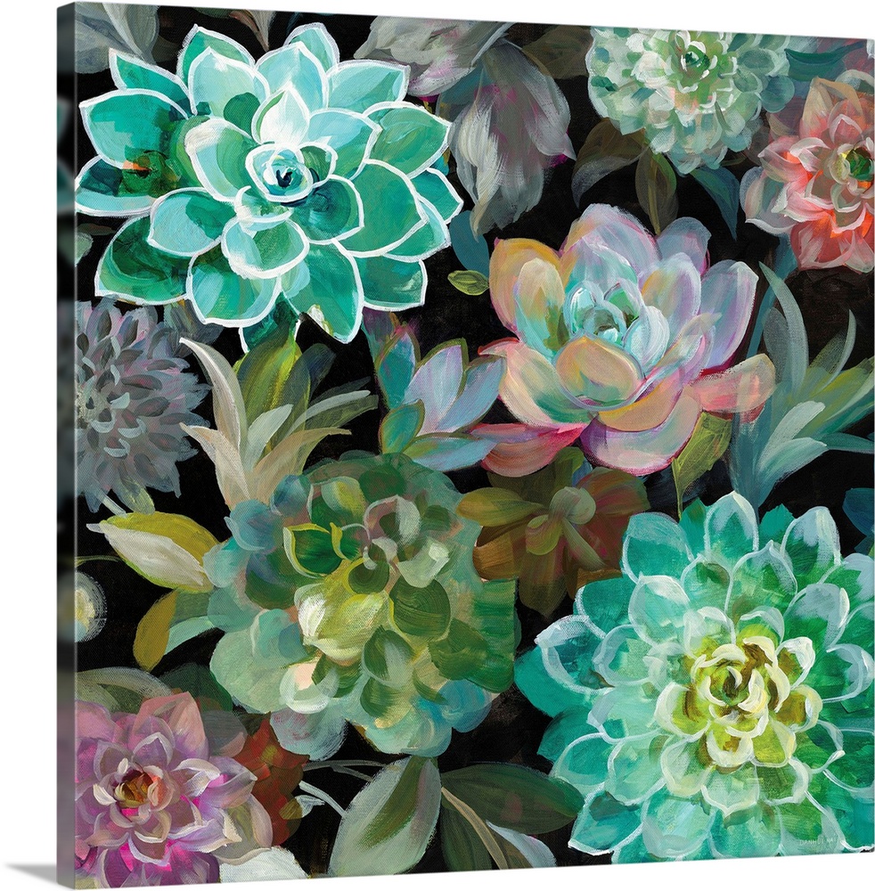 Square painting of succulents grouped together with a black background.