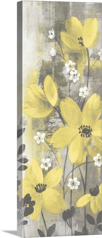 Contemporary artwork of yellow flowers over a distressed gray background.