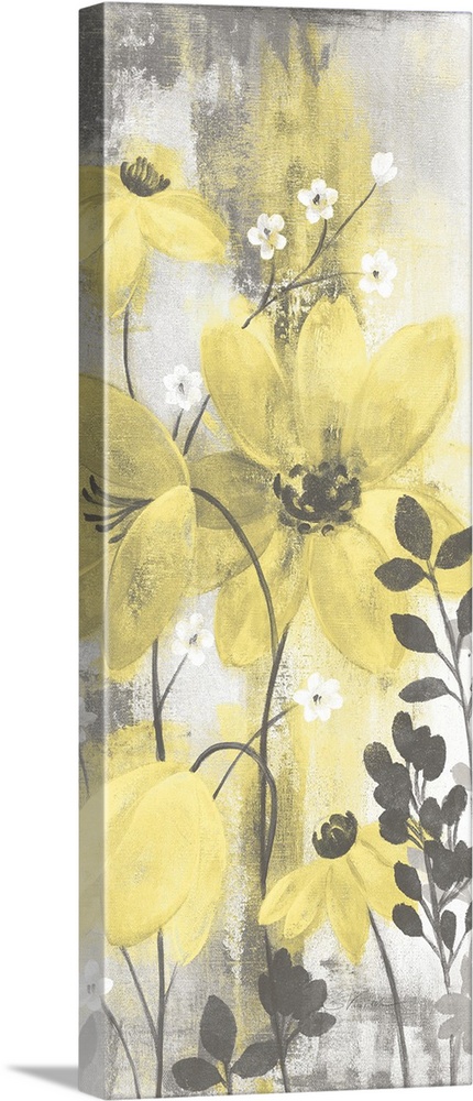 Contemporary artwork of yellow flowers over a distressed gray background.