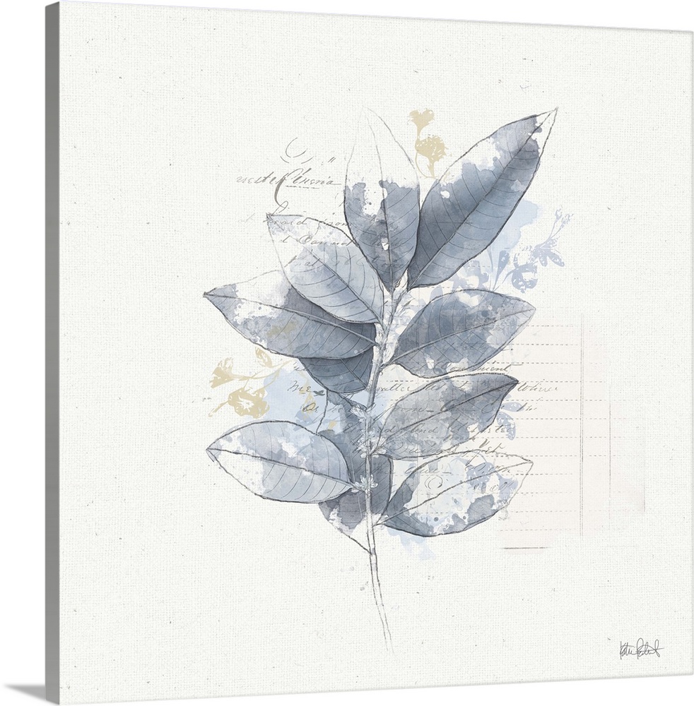 Square collage art that has a blue watercolor branch with leaves and faint script on the background with a few small beige...