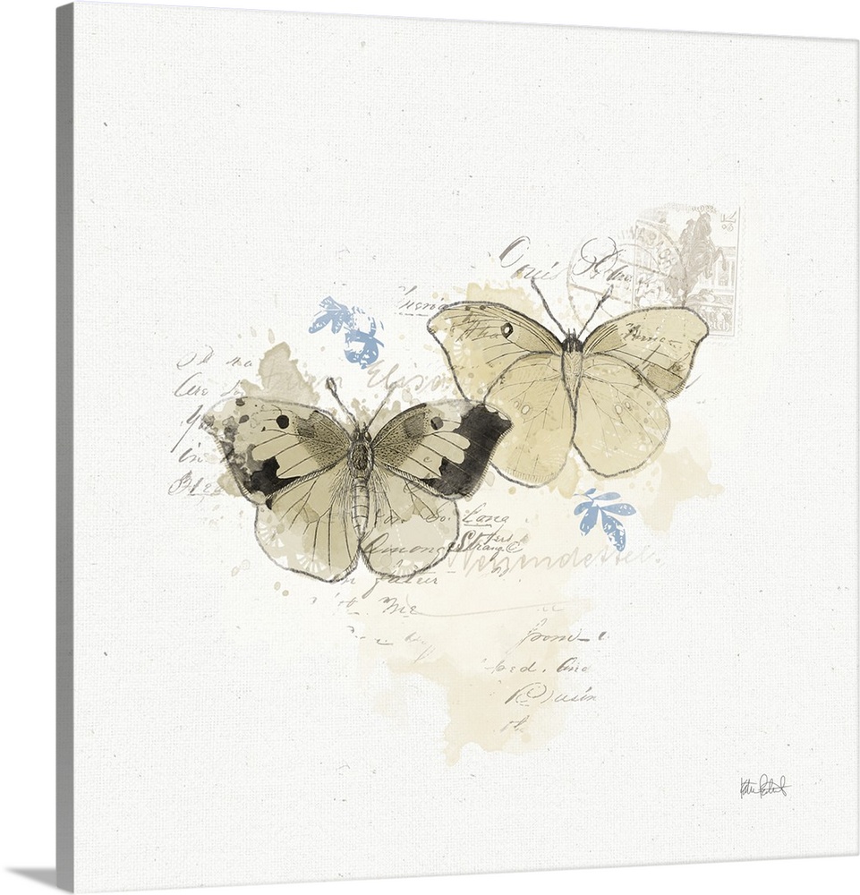 Square collage art that has two beige butterflies in the center with a few blue accent flowers behind them and faint handw...
