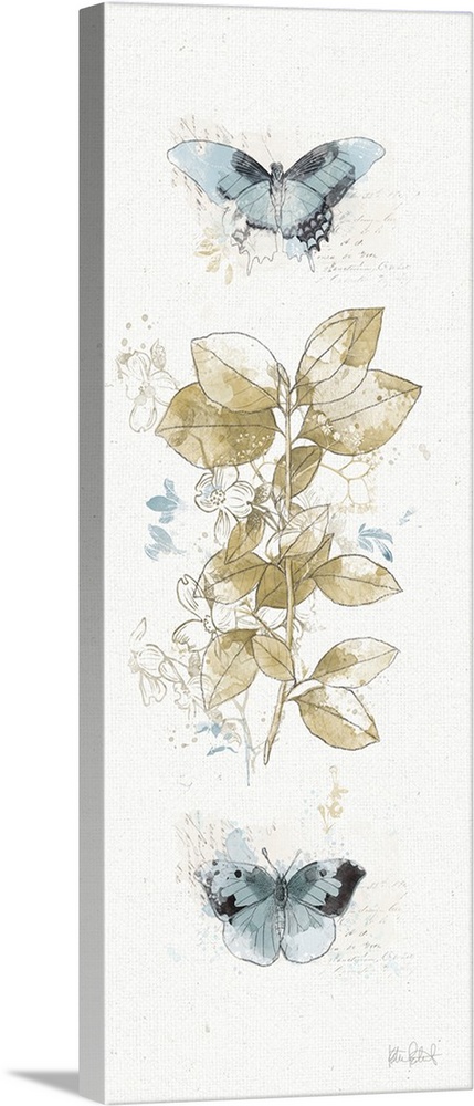 Tall rectangular watercolor painting collage with beige leaves and blue butterflies on a neutral colored background with f...