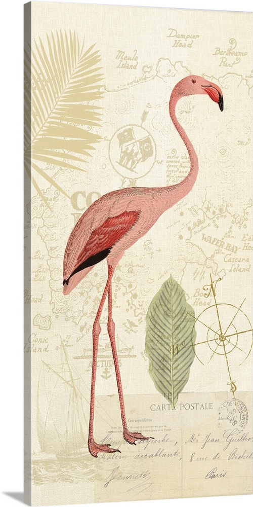A long vertical design of a pink flamingo with a vintage Florida theme background of a sailboat, map and postcard.
