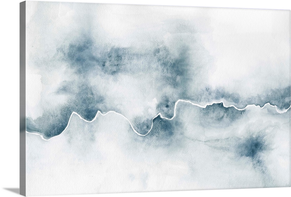 Indigo and white abstract watercolor painting with a faded background and a white bumpy line moving horizontally through t...