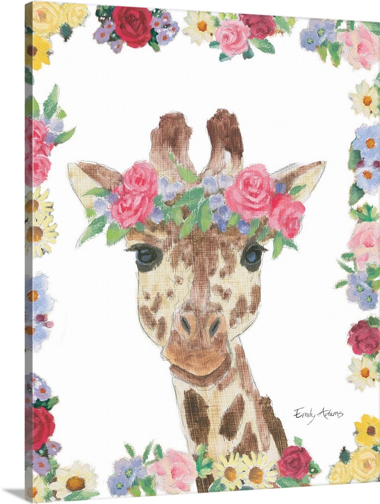 Decorative children's art featuring a giraffe with a flower crown outlined by flowers.