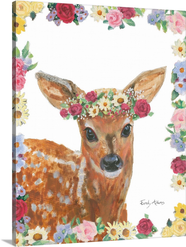 Decorative children's art featuring a deer with a flower crown outlined by flowers.