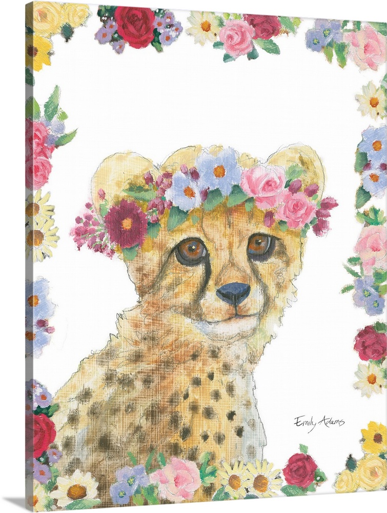 Decorative children's art featuring a cheetah with a flower crown outlined by flowers.