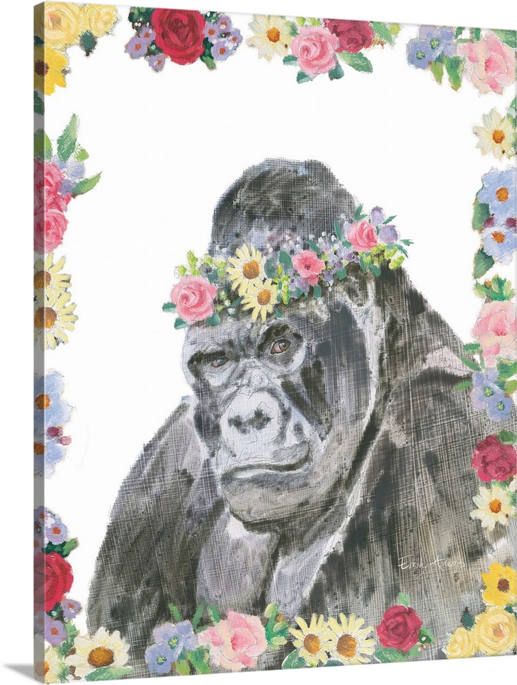 Vertical artwork of an ape with a crown of flowers on it's head and a flowered border.