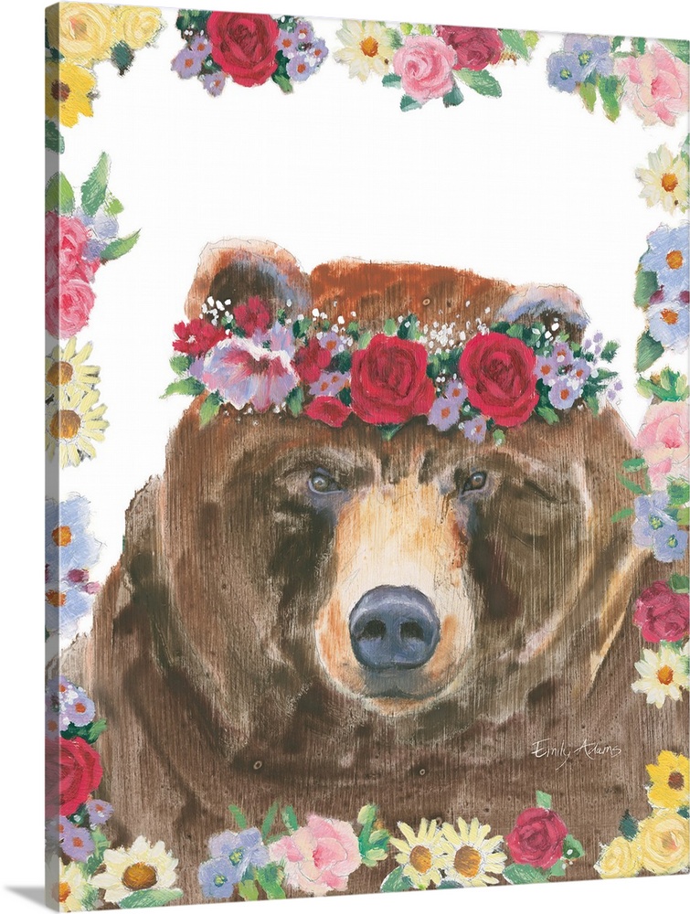 Vertical artwork of a brown bear with a crown of flowers on it's head and a flowered border.