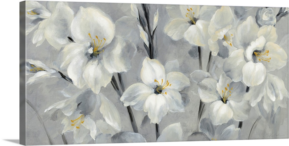 Contemporary painting of white flowers with golden centers on a grey toned background.
