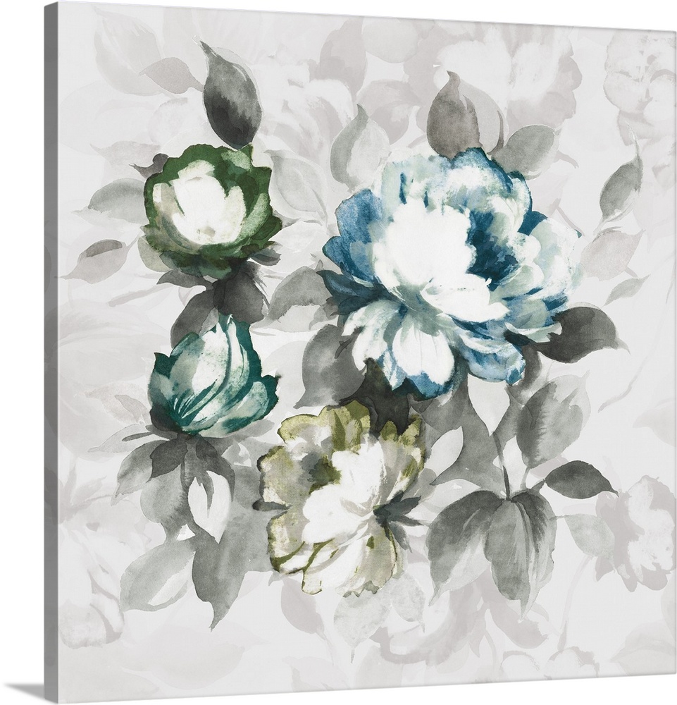 A large contemporary painting of a full bloomed flowers in green, teal and blue against of grey backdrop.