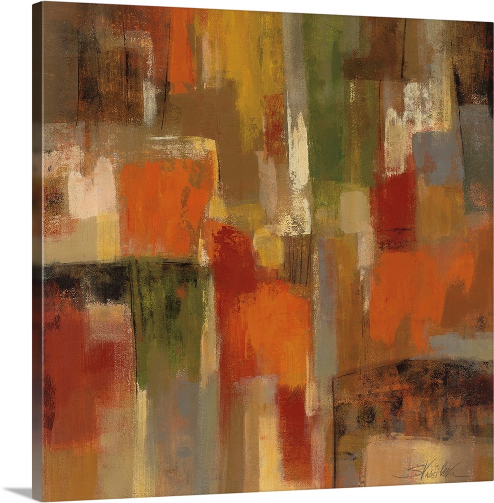 Contemporary abstract painting of rectangular blocks of color in warm tones.