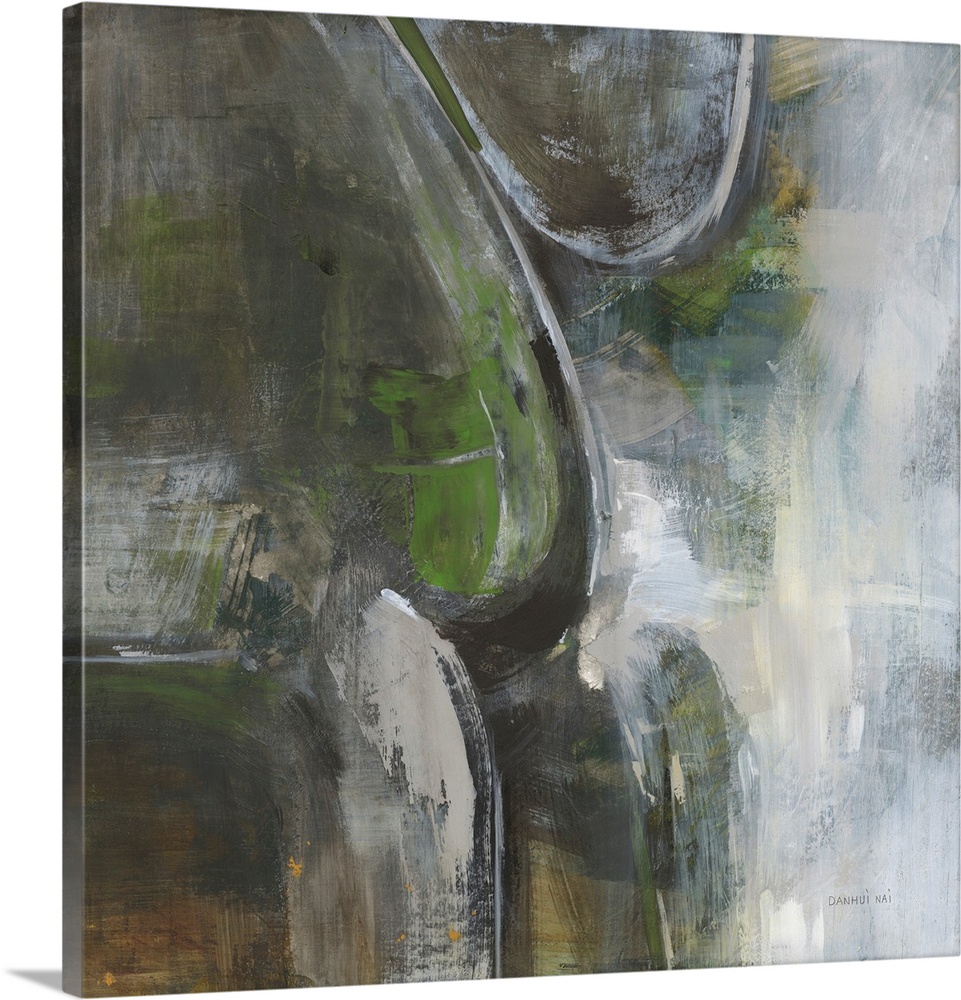 An earthy, textured abstract in neutral shades of green, brown and white wit organic shapes