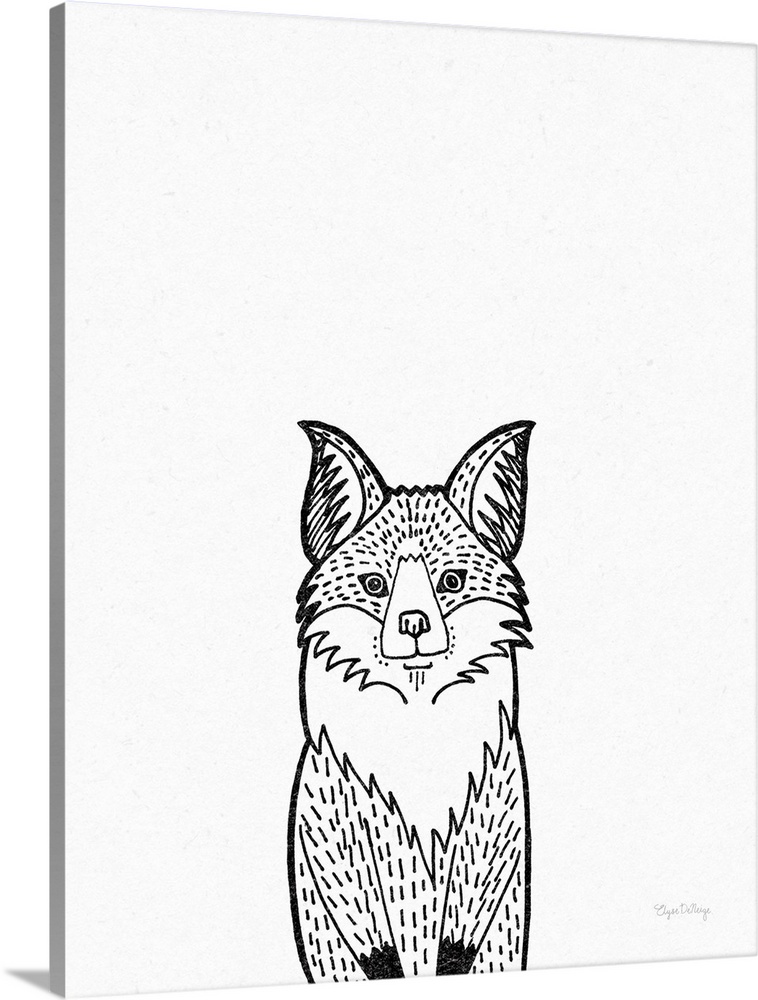 A black and white illustration of a fox on a textured white background.