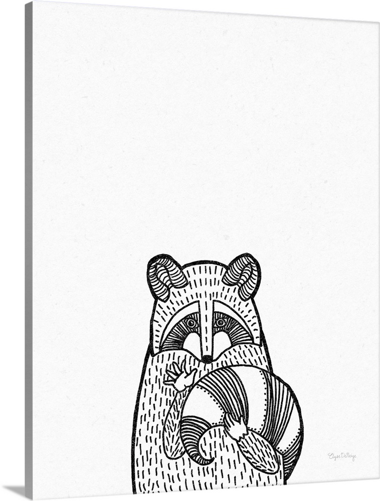 A black and white illustration of a raccoon on a textured white background.