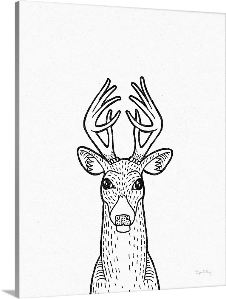A black and white illustration of a deer on a textured white background.
