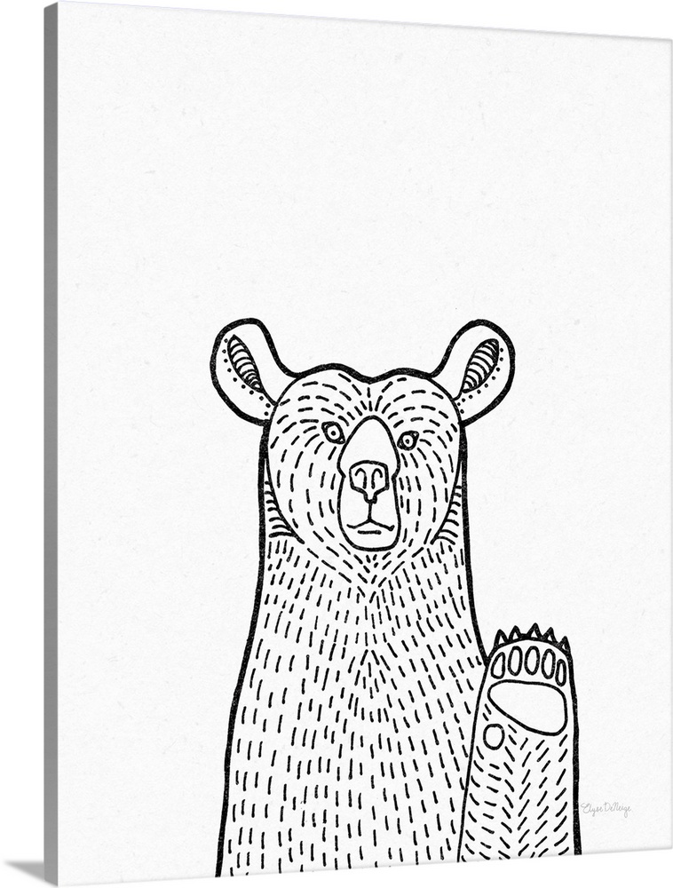 A black and white illustration of a bear on a textured white background.