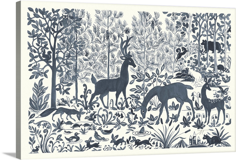 Floral indigo and white watercolor painting with woodland creatures out and about in the woods.