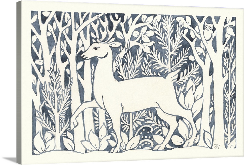 Floral indigo and white watercolor painting with a deer walking through the woods.