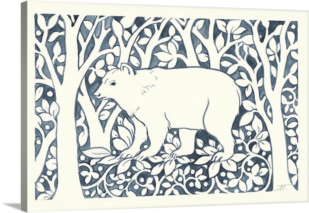 Floral indigo and white watercolor painting with a bear standing in the middle of the woods.