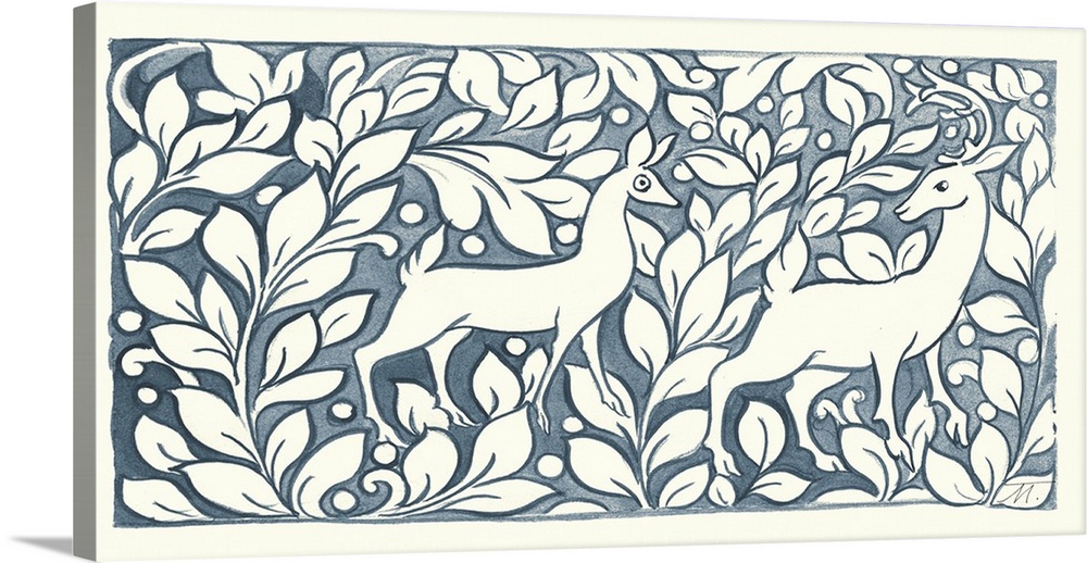 Floral indigo and white watercolor painting with  two deer in the middle.