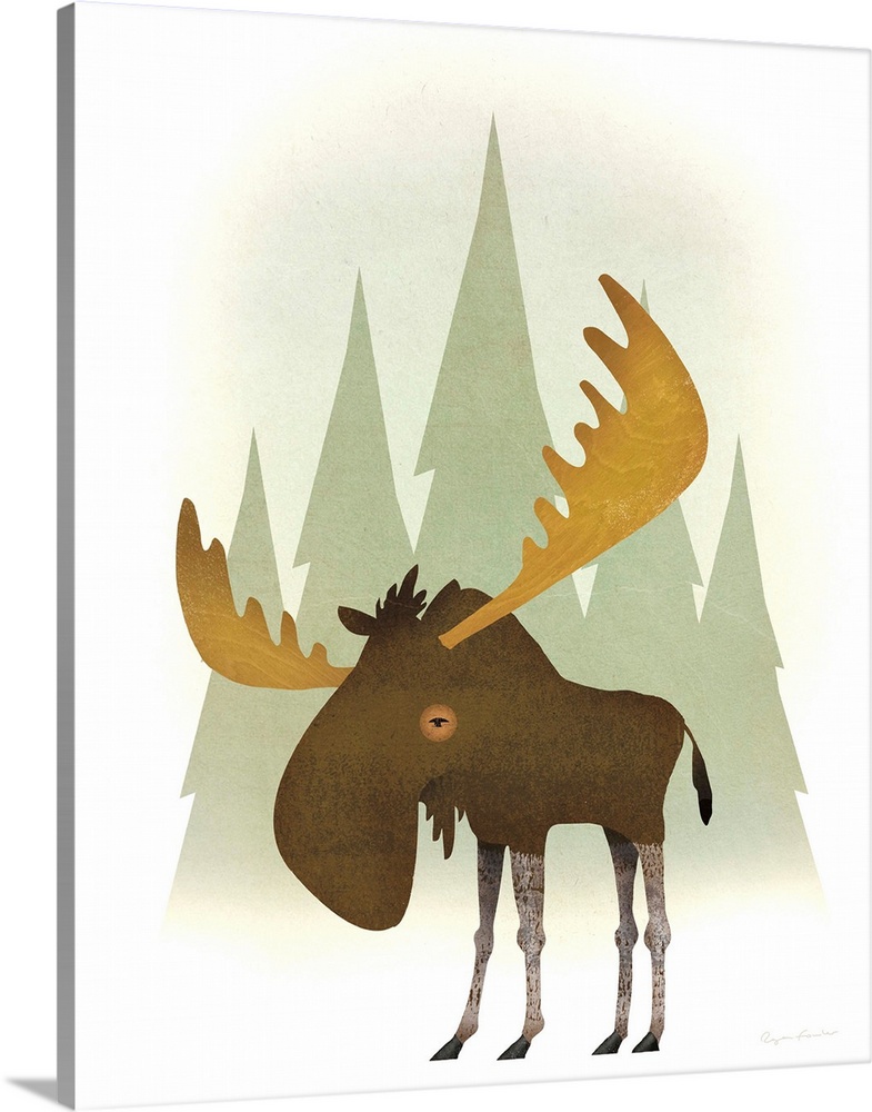 Illustration of a moose in front of green trees.