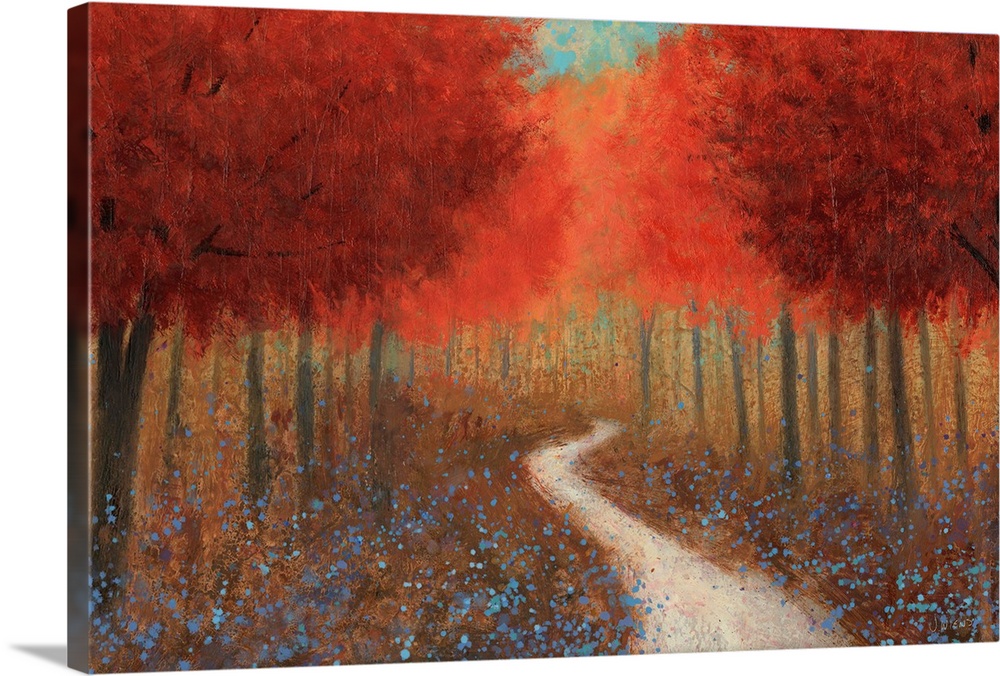 Contemporary painting of a pathway through a forest of red trees.