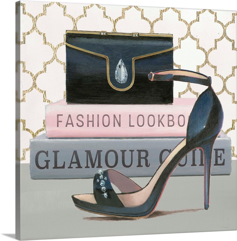 Still life painting of a stylish high heel, clutch, and two fashion books.