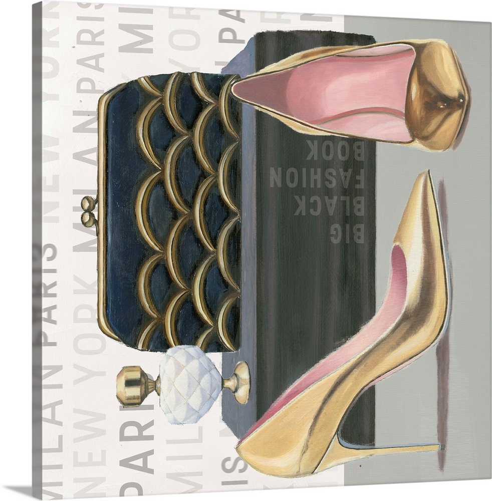 Contemporary still life painting of stylish gold high heels, clutch, perfume bottle, and a fashion book.