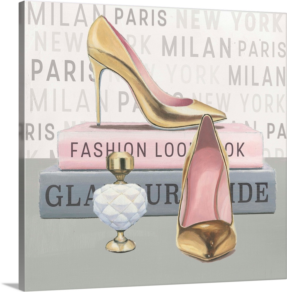Contemporary still life painting of stylish gold high heels, clutch, perfume bottle, and fashion books.