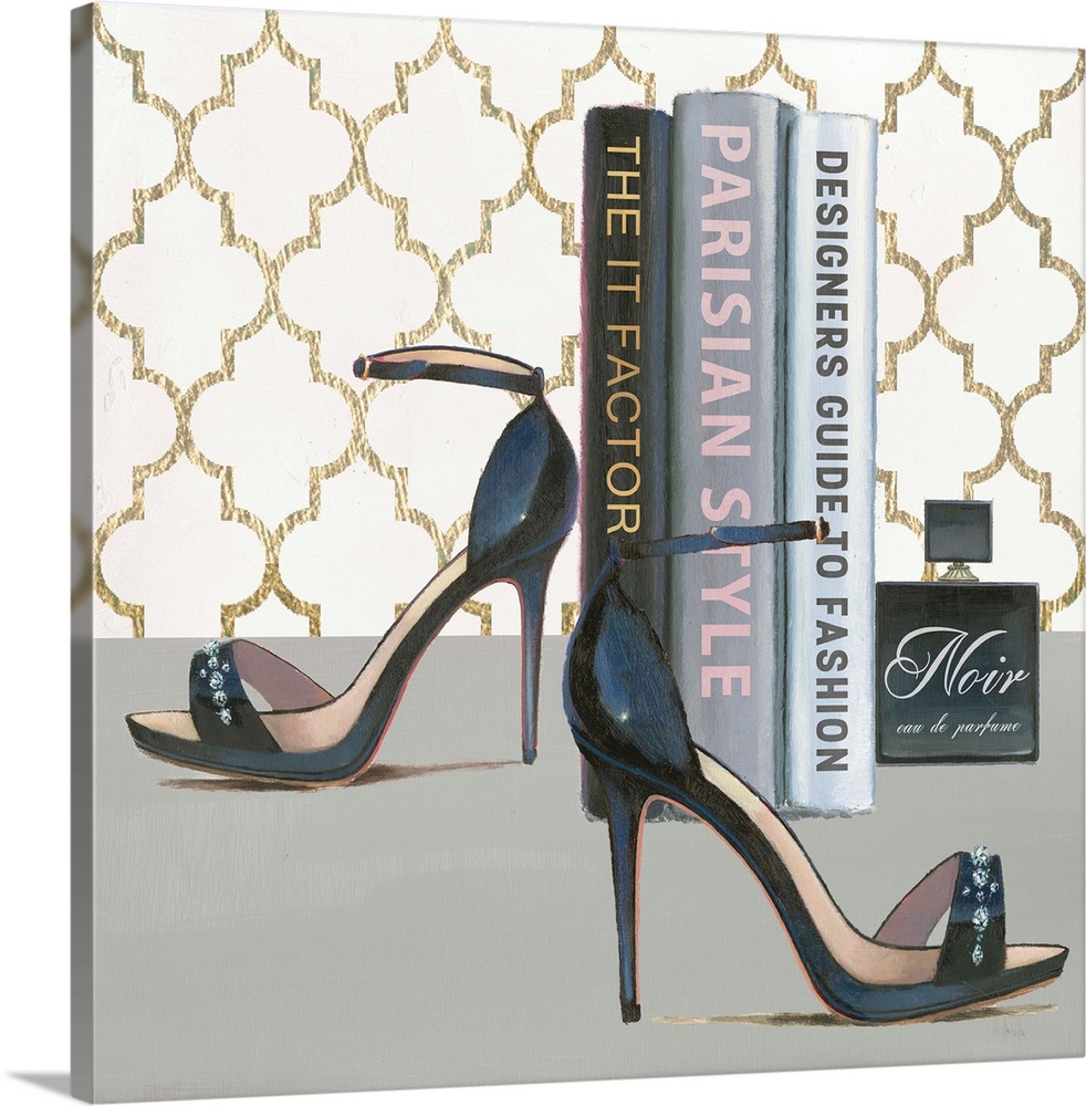 Still life painting of stylish high heels, fashion books, and a Noir perfume bottle.