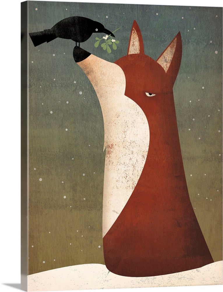 Cute artwork of a fox with a crow holding mistletoe perched on its nose.