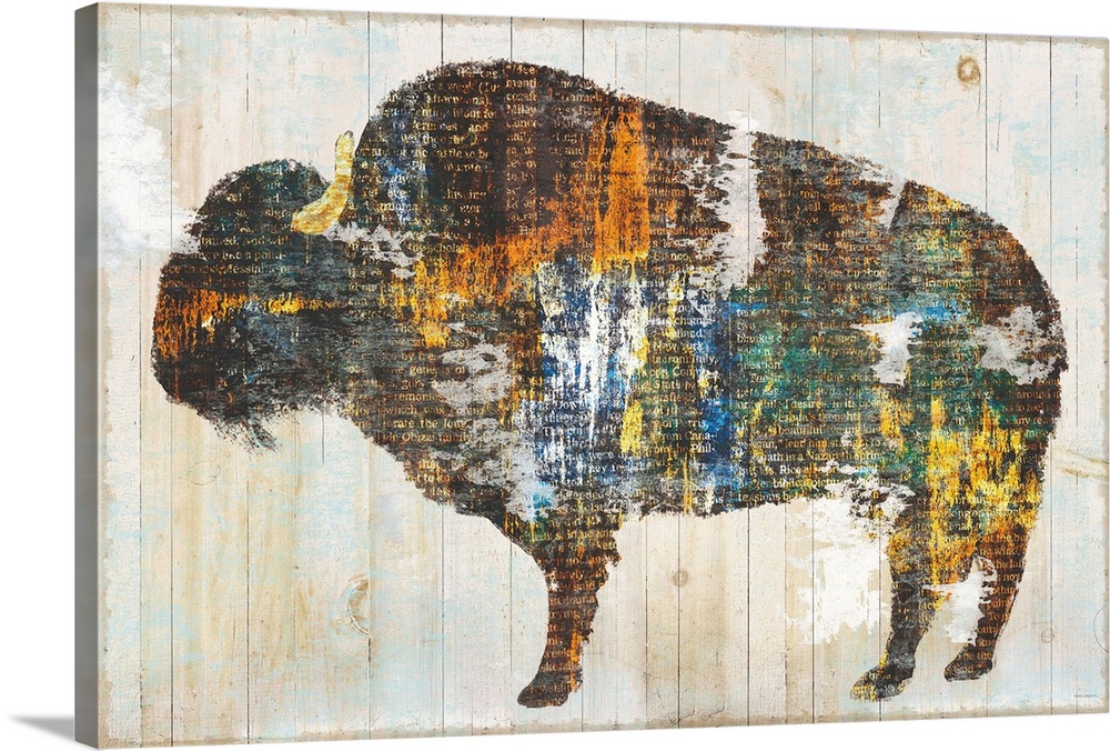 Image of a bison made of multi-color textures with text peeping through, on a wood plank backdrop.